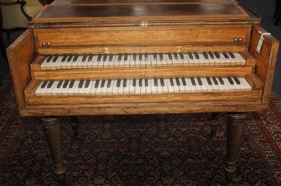 An early 19th century mahogany and satinwood banded double harpsichord, by John Broadwood, L.7ft 11in.